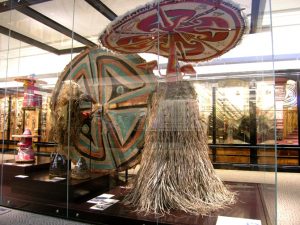The hemlaut mask from Ogilvy on the left and a hemlaut for one dancer on the right; collected by B. Craig, 1993; A.74139. Pacific Cultures Gallery, South Australian Museum.