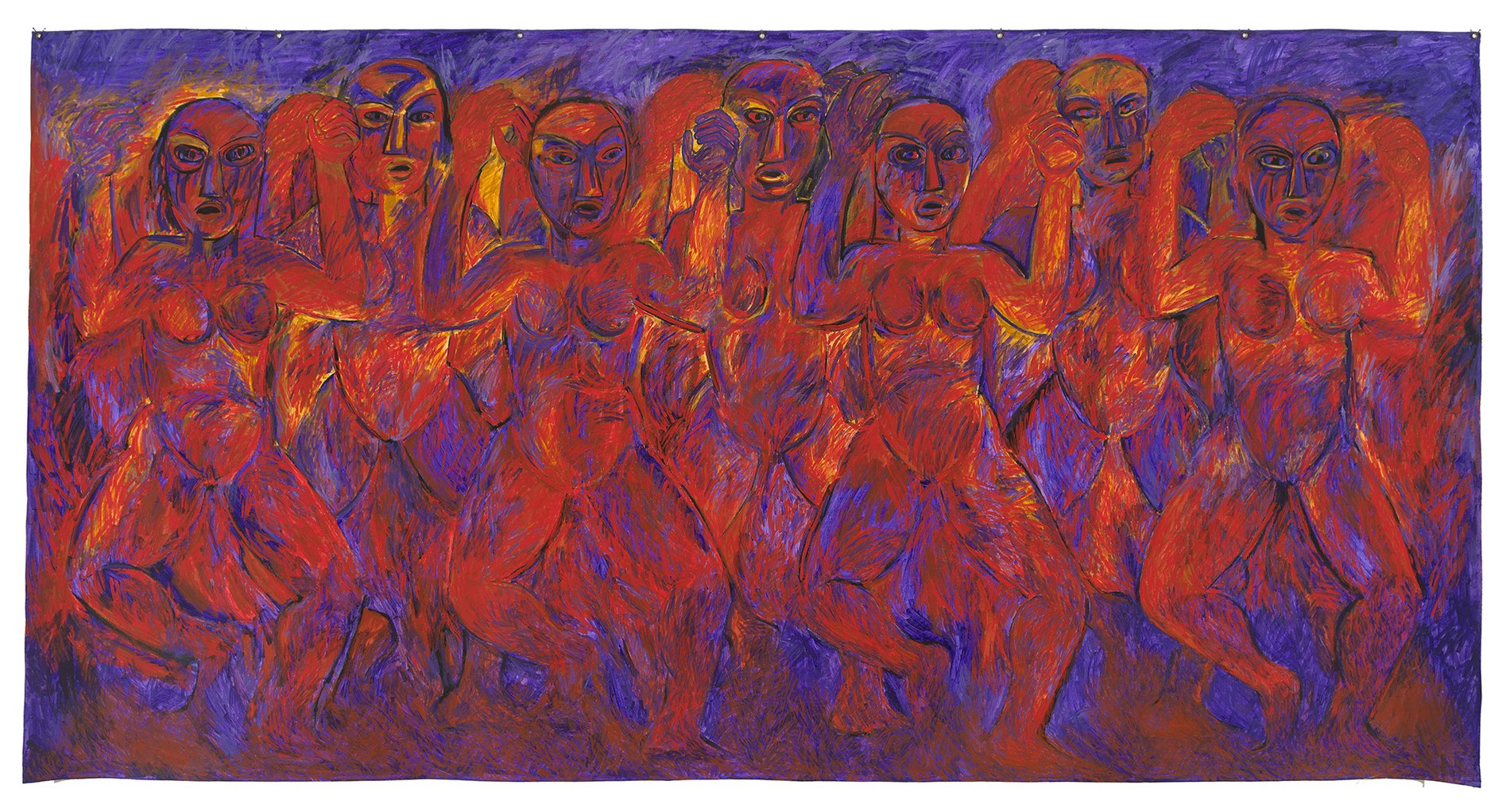 Artwork by Robyn Kahukiwa featuring a group of red and purple ancestral figures